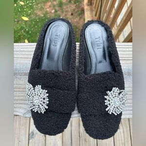 Tibi Alfie Shearling Slides in Black with Crystal Embellishments size 37.5